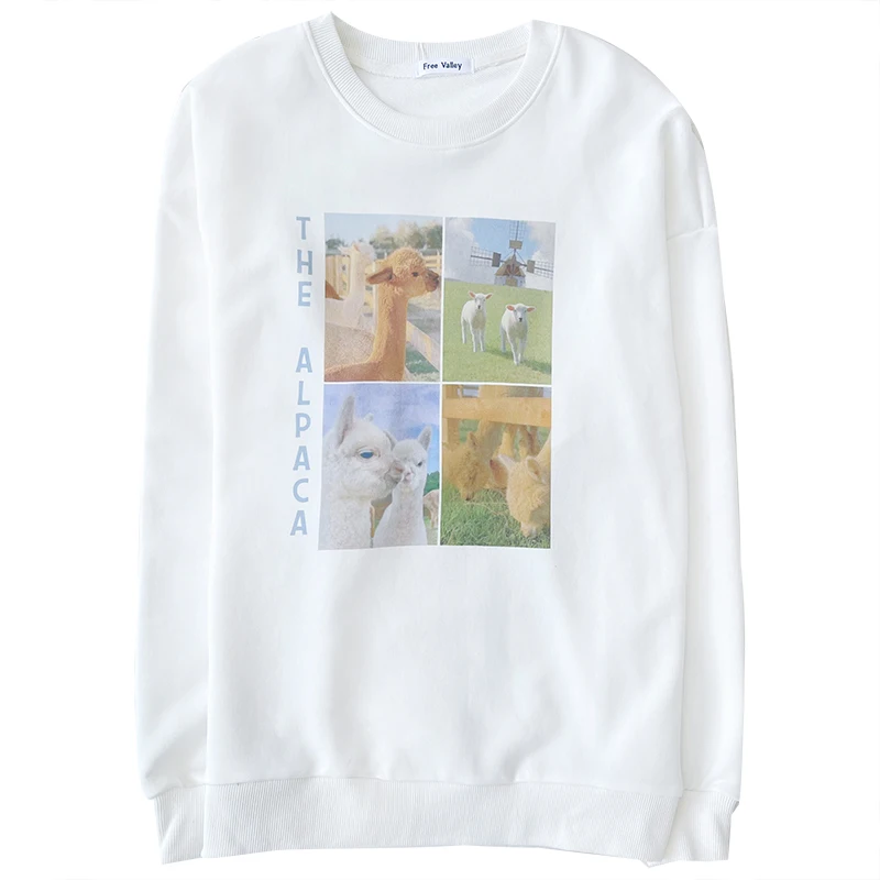 

Cute Alpaca Letter Print Autumn Wild Loose Round Neck White Pullover Sweatshirt