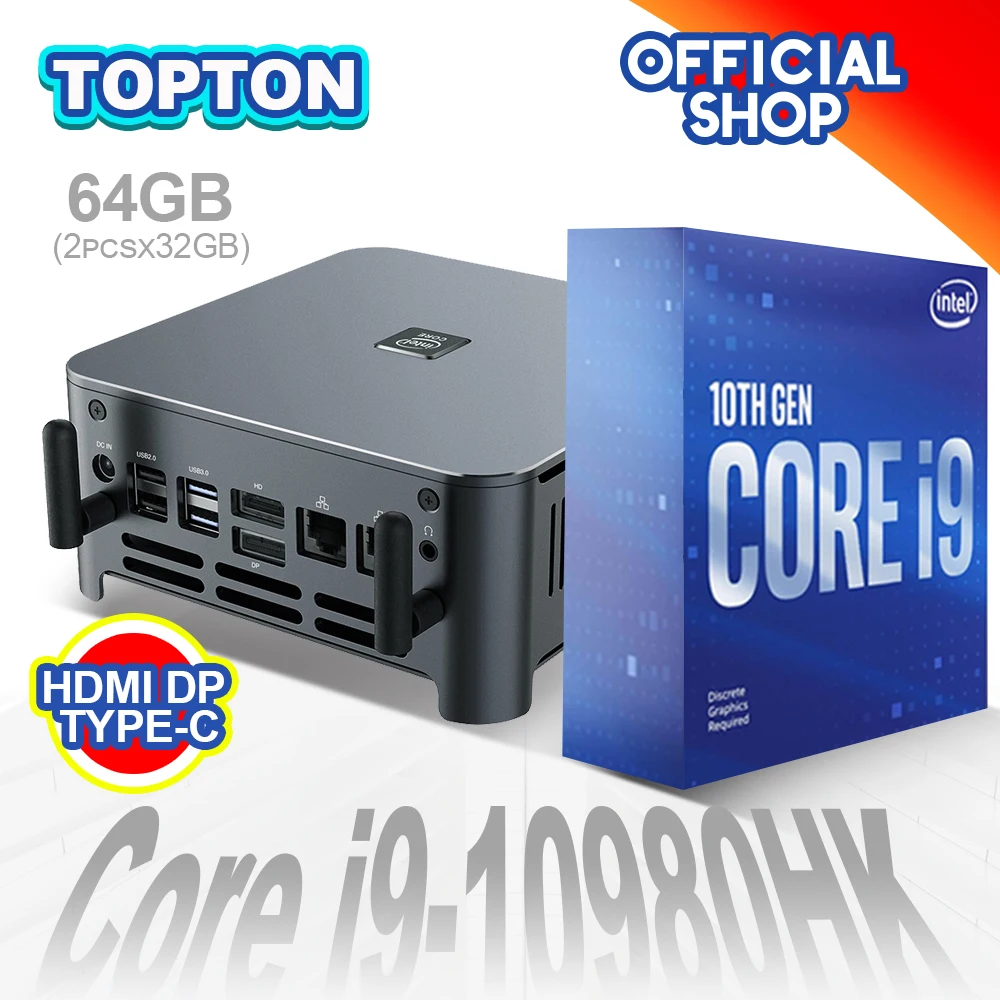 TOPTON-Mini PC Intel Core de 10. ª generación, i9 10880H, i7, 10750H, i5, 10300H, Windows 10, 2 * DDR4/m2 DP, HDMI, 4K, HTPC, NUC