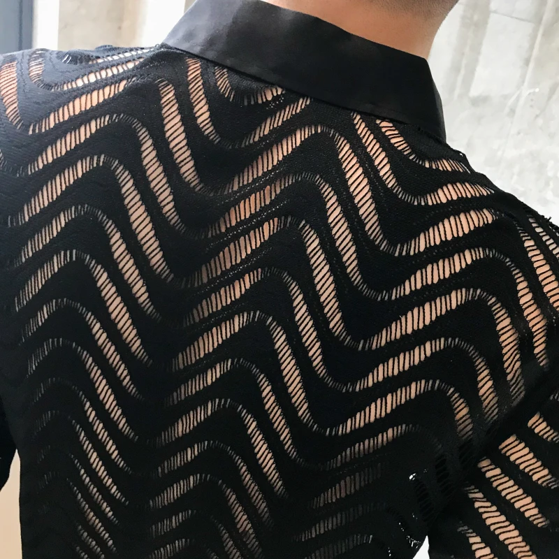 Stitching Striped Shirt Summer Men Transparent Lace Cutout Shirt Camisa Long Sleeve Slim Club Prom Party Social Masculina long sleeve shirt men see shirt