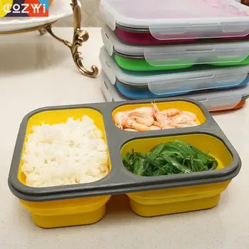

Outdoor Silicone Folding Lunch-box Portable Camping Bento Box Food Storage Container 3 Compartments Design Lunchbox