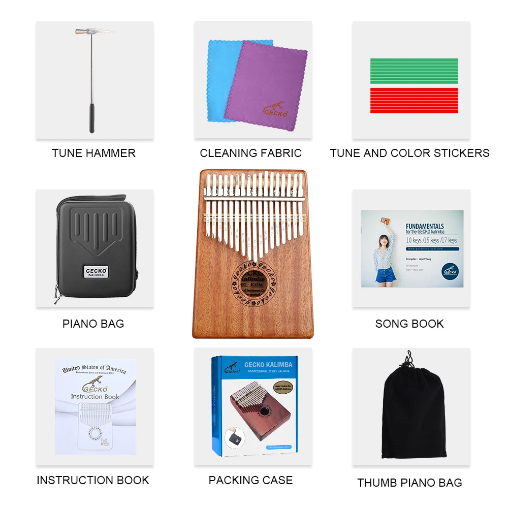 Gecko-17 Keys Kalimba Thumb, Imported Solid Mahogany Body, Musical Instrument with EVA bag Learning Book, Tune Hammer, K17M