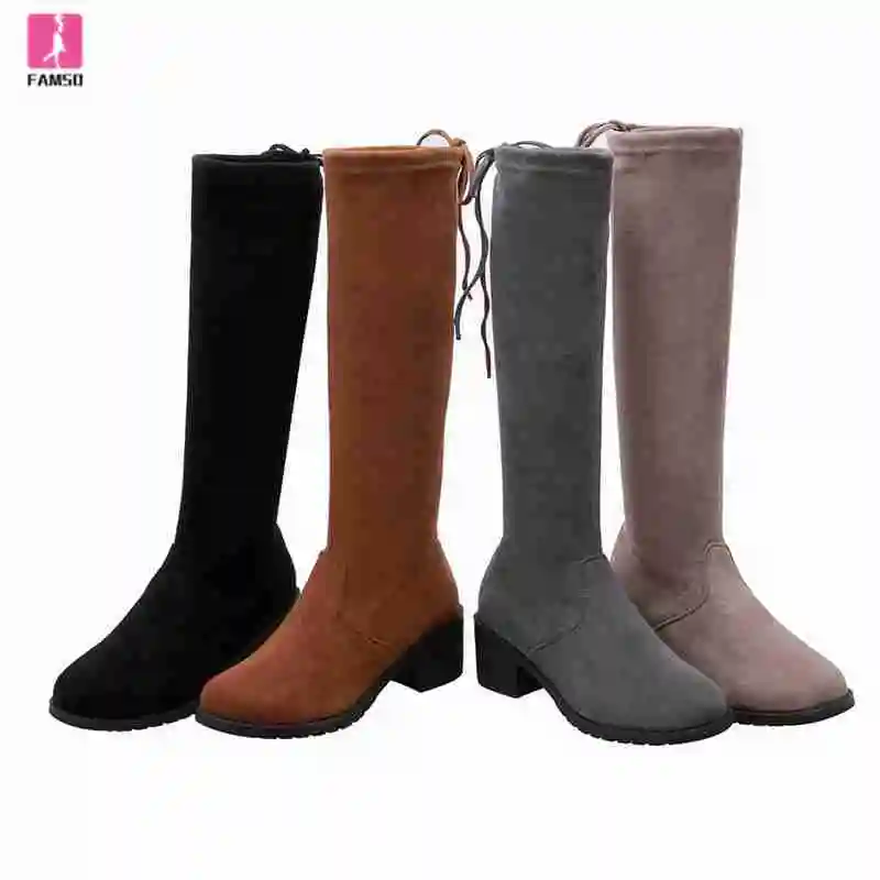 

FAMSO 2019 New Arrival Women Boots Top Fashion Knee High Boots Designer Brand Winter Lace-up Party Suede Boots Shoes