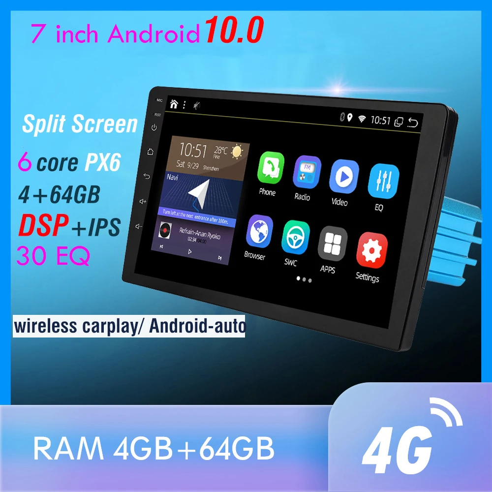 1din 7'' DSP Android 10 PX6 Multimedia DVD Video Player GPS Navigation Car Radio Stereo Wifi BT HDMI Carplay TV OBD DAB 4G+64G