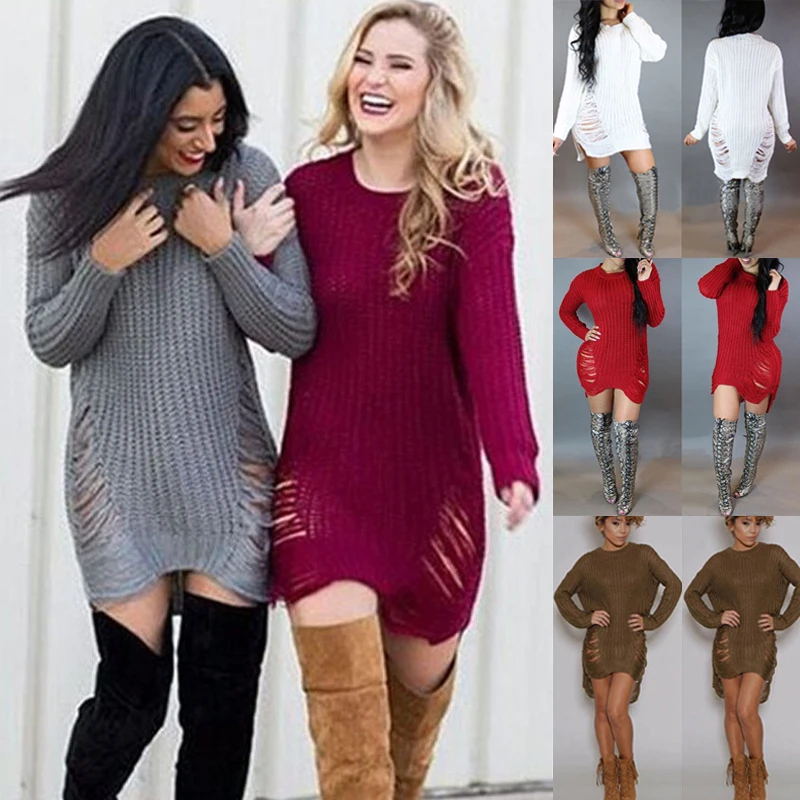 Женский свитер, платье, зимние теплые свитера с длинным рукавом, топ из флиса, рваные длинные свитера, свободные Необычные пуловеры