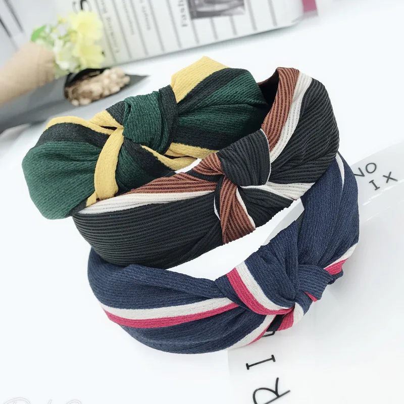 South Korea New Style Hair Bands Simple Versatile Stripes Cross Middle Knot Large Rims Bow Headband Hair Fixer Women's