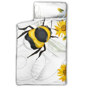 

Bumble Bee Head Trace Swirled Nap Mat with blanket and Pillow for Toddler Baby Girls Portable Rolled Travel Blanket