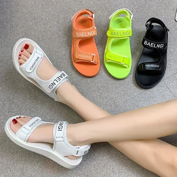 

Sandals Women 2020 Summer Hook Loop Platform Open Toe Solid Color Letter Print Casual Outdoor Beach Shoes Green/Orange