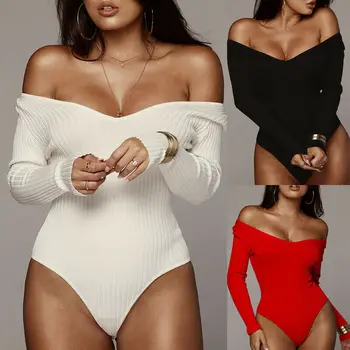 

Women Spring Autumn Sexy Black off Shoulder Bodysuits Lady Long Sleeve Knitted Romper Jumpsuit Bodysuit Stretch mujer jumpsuits