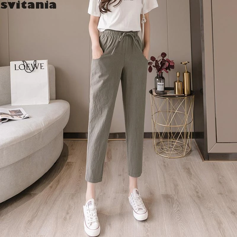 cortos Svitania, pantalones elásticos de cintura alta para mujer, pantalones para niñas, pantalones de lisos hasta el tobillo|Pantalones pantalones capri| - AliExpress