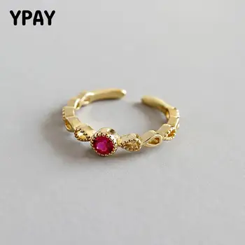 

YPAY Genuine 925 Sterling Silver Open Rings for Women Hollow Gold Plated Red Zircon Adjustable Ring Bague Fine Jewelry YMR605