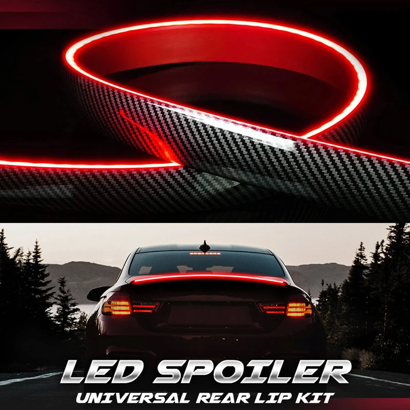 

120CM Black Carbon Universal LED Rear Spoiler Lip Kit Fiber Car Trunk Driving Lamp Brake Light Strip