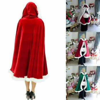 

Winter Warm Women Christmas Cloak Capes Hooded Red Velvet Santa Claus Deluxe Cloak Cape with white Fluffy Trim Overcoat 1.2m