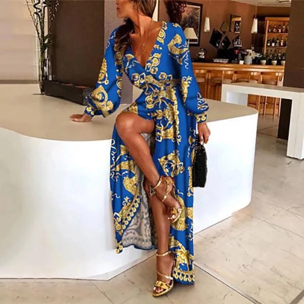 

Sexy Womens Autumn Dress Long Sleeve Deep V Neck Dress Printed Cocktail Prom Gown Elegant Party Dresses robe femme 2019