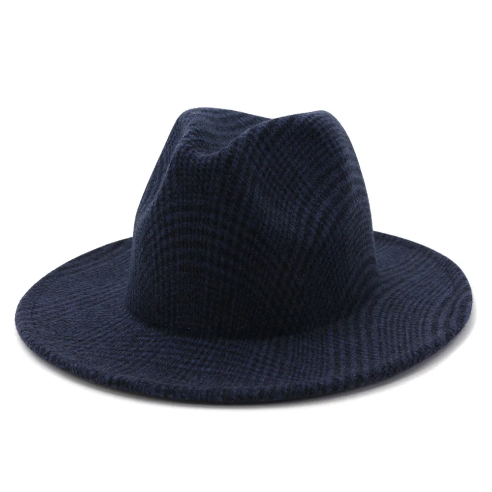 

2021 High Quality Fashion Woolen women Felt Jazz Fedora Hats lattice Decor Unisex Wide Brim Panama Party Trilby men wedding cap