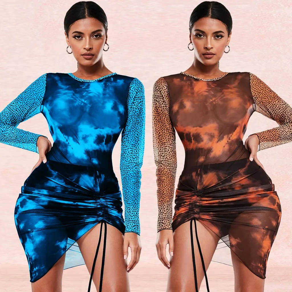 Feitong/модное женское платье Vestidos, эластичное, на шнуровке, с длинным рукавом, с О-образным вырезом, с леопардовым принтом, обтягивающее мини-платье