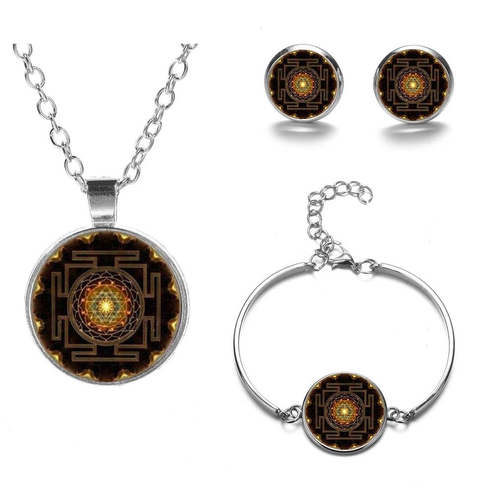 SONGDA индийские Sri Yantra Sacred Art геометрические Ювелирные наборы Серебряная цепочка