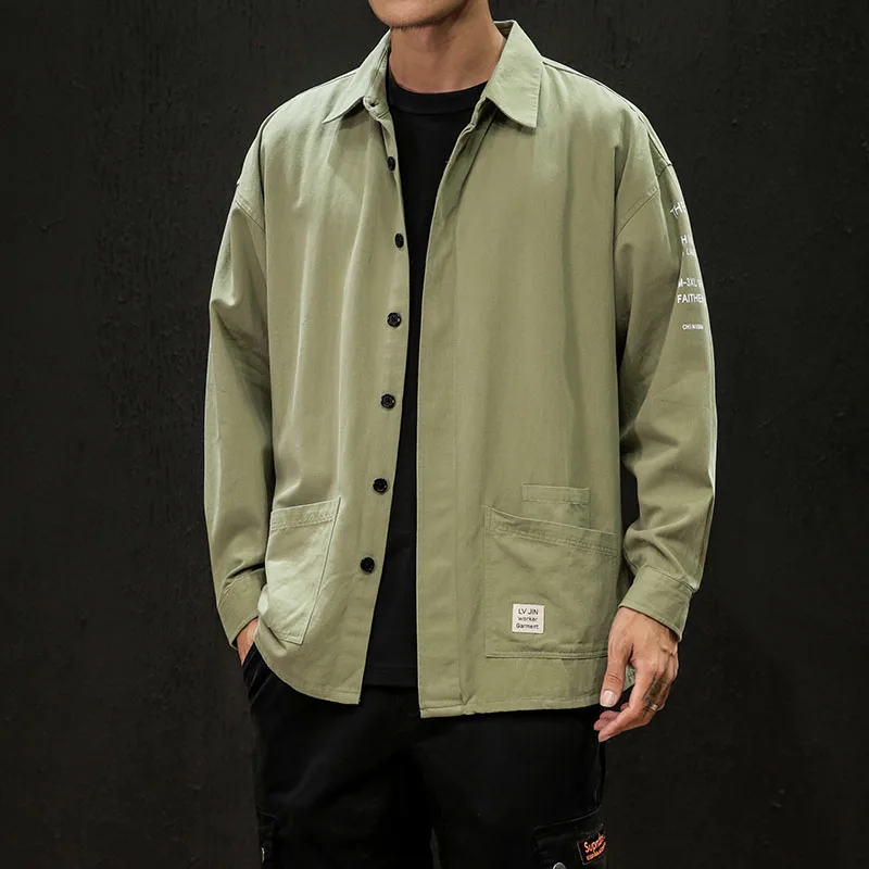 

Japanese Style 5 Colors Student Printing Letter Shirt Oversize Men Fashion checked Lapel Long Sleeve Casual Streetwear Shirts