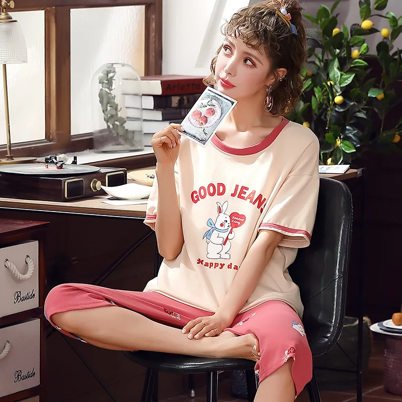 

Pajamas Women's Summer Thin Section Large Size Loose-Fit Capri Pants Short Sleeve Cute Tracksuit Spring And Autumn Casual Two-Pi