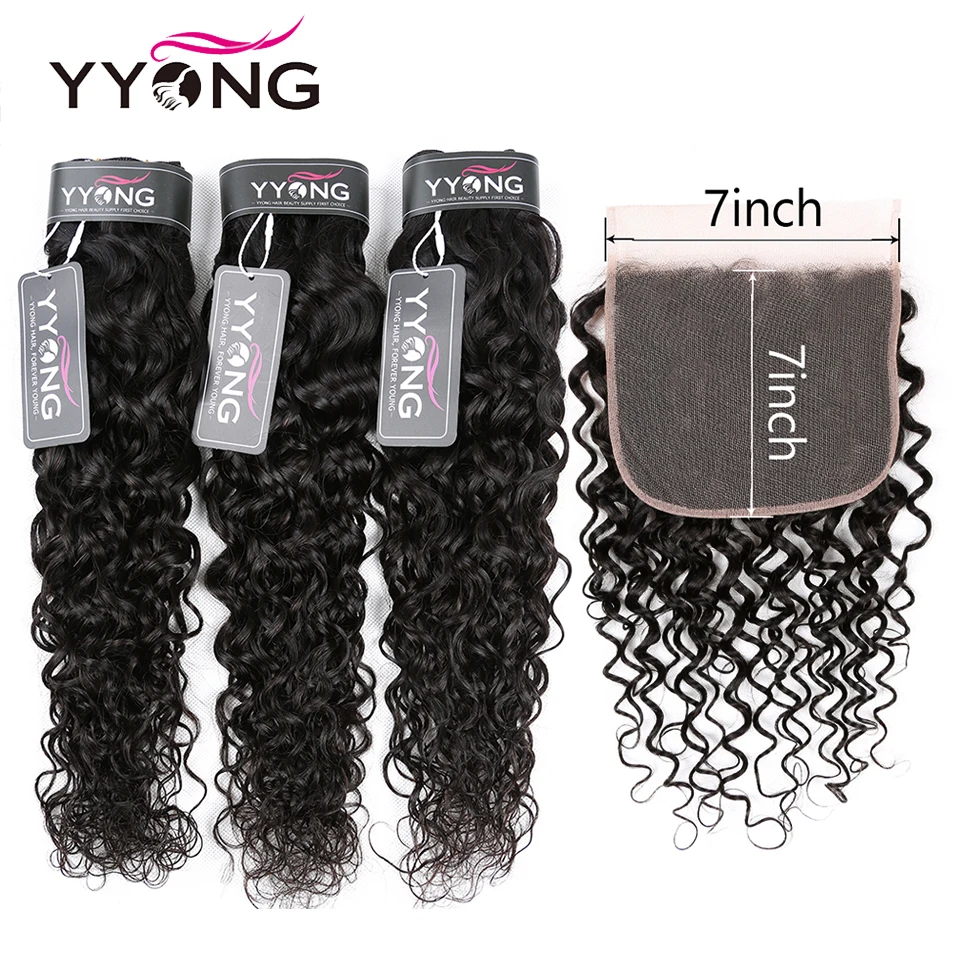 Yyong 7x7 Закрытие с пучками перуанская волна пучки с закрытием человеческих волос Плетение с закрытием не remy волосы для наращивания