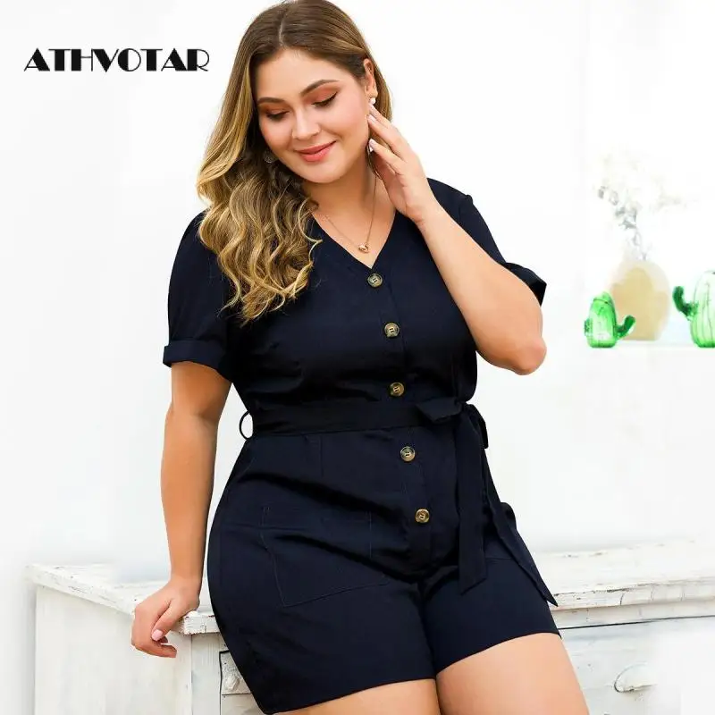 

ATHVOTAR XL-4XL Plus Size Casual Linen Jumpsuit Wide Leg Short Women Sexy V-neck Short Sleeve Pocket Rompers High Waist Overall