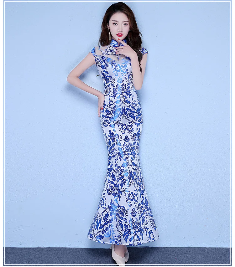 Китайское Qipao элегантное традиционное печатное женское узкое вечернее праздничное платье Сценическое представление Cheongsam - Цвет: Blue Long