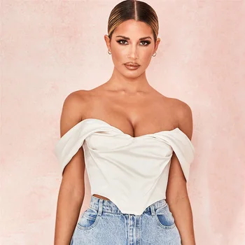 

Sexy Off Shoulder Short T-shirt Summer 2020 Women Slash Neck Backless Slim Corset White Tops Party Club Outfits Bustier Dropship