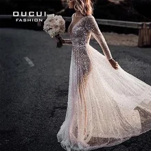 Пляжное женское элегантное свадебное платье, иллюзионное Кристальное свадебное платье с длинными рукавами, блестящее шикарное платье OL103681