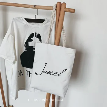 

Simple Cartoon Pattern Canvas Weaving Girl Bag One Hand Bag Large Capacity Hand-held Shopping Bag Fashion All-match Tote Bag