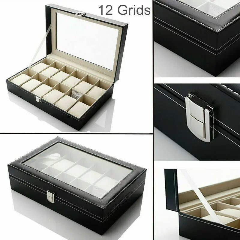 3/6/12 Faux Leather Watch Case Display Box Storage Jewellery Glass Top