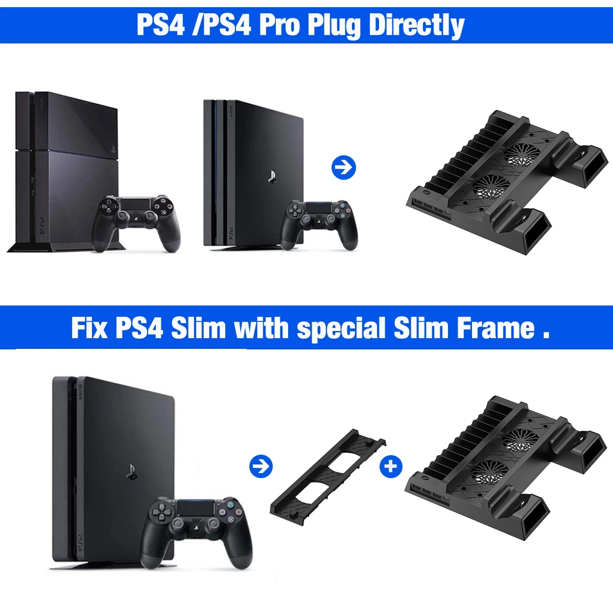 For PS4/PS4 Slim/PS4 Pro Cooling Fan Stand Controllers Charger