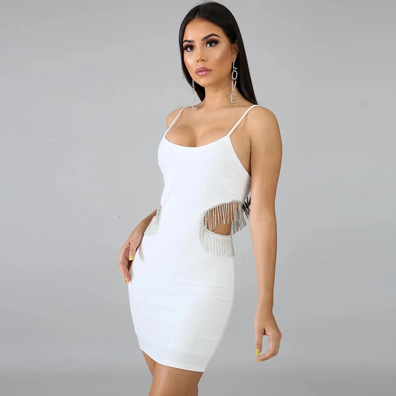Feditch блестящая кисточка алмазные вечерние платья Bodycon Спагетти ремень Slash шеи Элегантное белое платье мини клуб Vestidos Весна Лето