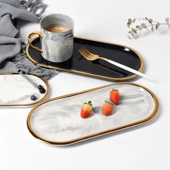 

Marble Storage Tray Gold Plating Ceramic Dinner plate Black White Europe Food Fruit Breakfast Oval Plate Jewelry Dessert Tray
