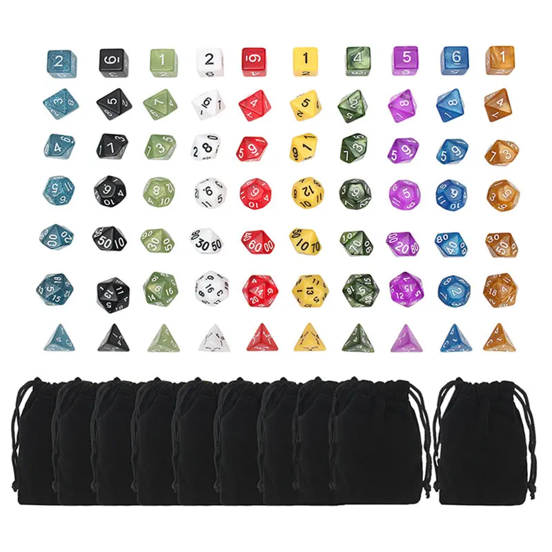 Os dados superiores dos jogos 20 ajustaram 4d 6d 8d 10d 12d 20d com sacos do malote 70 pces dados polyhedral 10 conjuntos para m