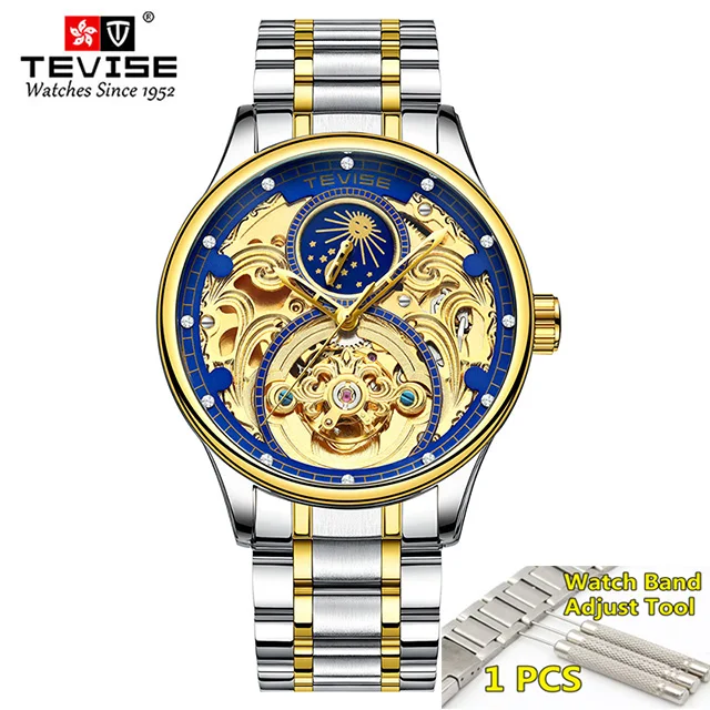 Tevise, автоматические часы для мужчин,, механические часы, скелет, с автоматическим заводом, мужские роскошные Брендовые спортивные наручные часы, Relogio Masculino - Цвет: gold blue