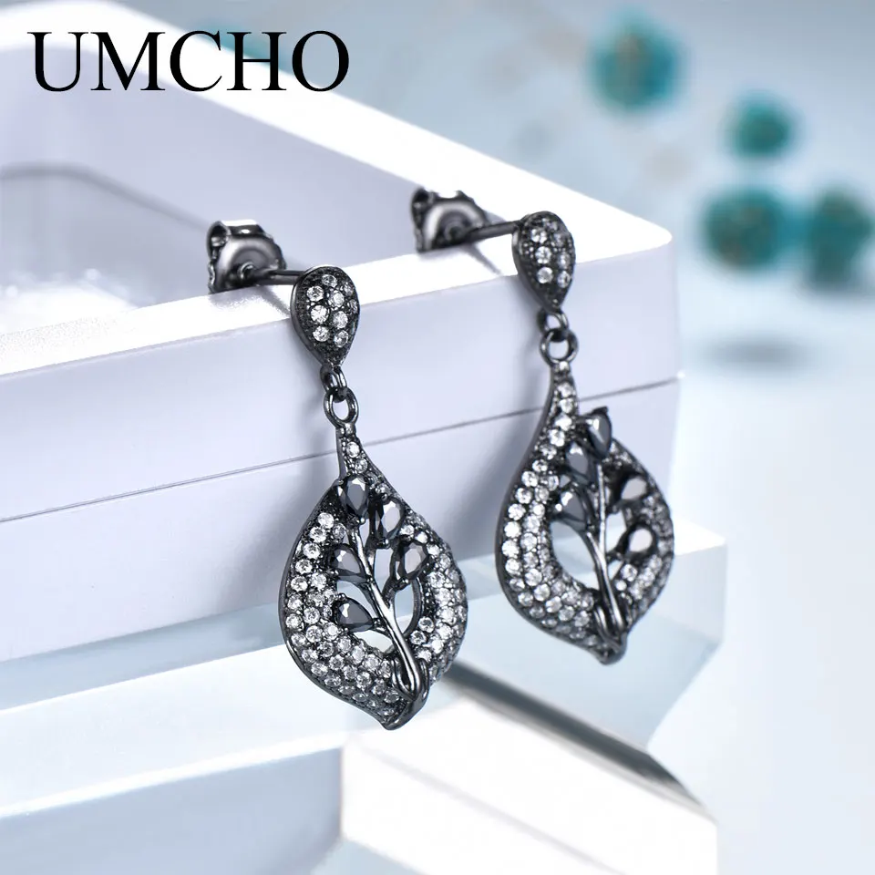 Ceny UMCHO 925 srebro klipsy dla kobiet Nano czarny kamień elegancka biżuteria zaręczynowa walentynki prezent