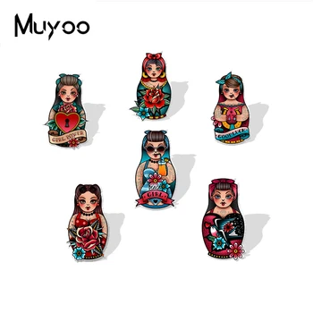 

New Arrival Punk Style Russian Doll Acrylic Badge Pin Punk Rock Russian Girls Doll Good Luck Epoxy Resin Lapel Pins