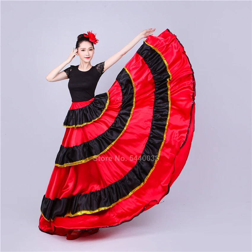 Красная традиционная испанская юбка для фламенко, цыганский женский танцевальный костюм, полосатая атласная гладкая большая юбка для танцев на животе 90 см