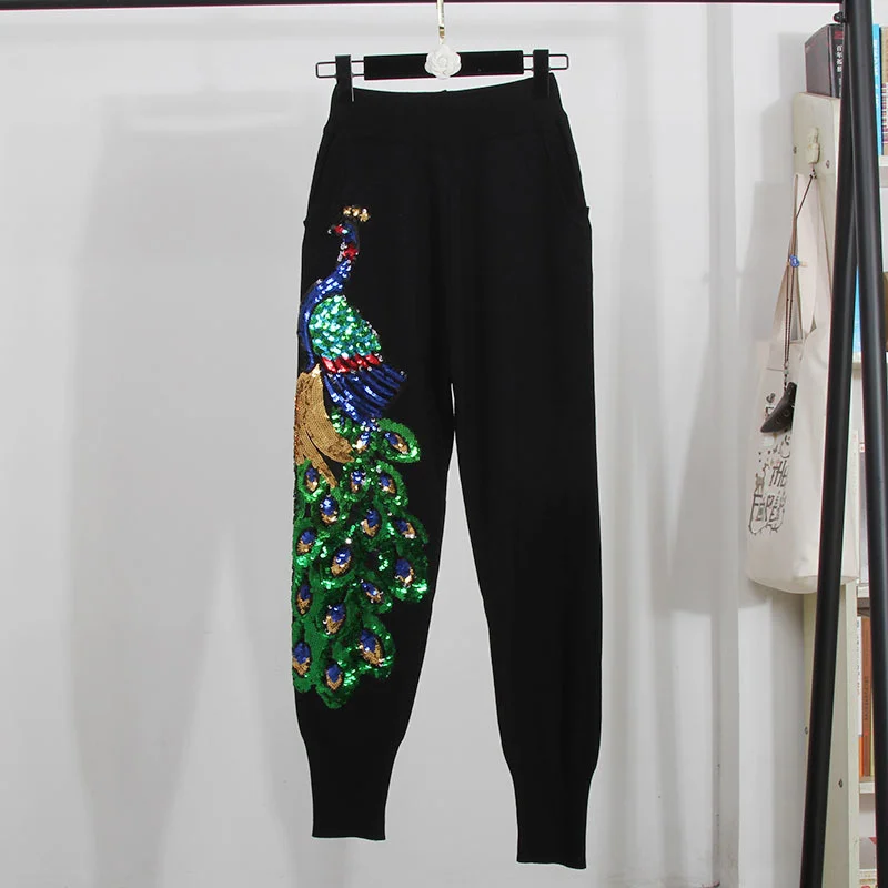 おしゃれ人気 韓国のスパンコール 女性の刺繍入りトラックスーツ 黒のニットセーター 長くてルーズなフィット感 2ユニット お気にいる Ajeetbharti Com