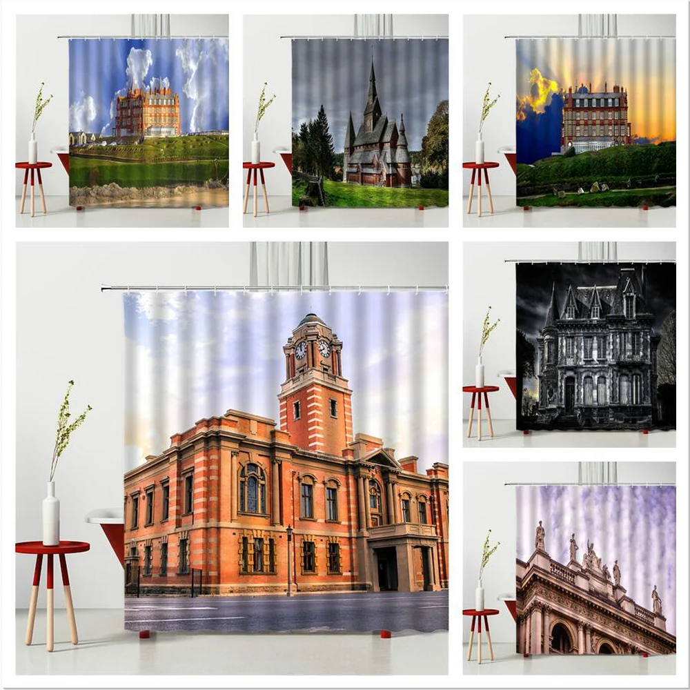 

Castle Shower Curtain Building Castle Gymnasium Overpass Ferris Wheel City Night View Home Bathroom Decoration Polyester Fabric