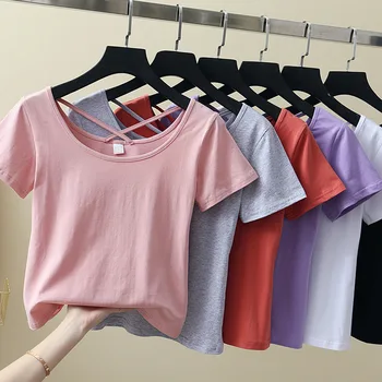

Women's round neck beautiful back cotton short-sleeved T-shirt