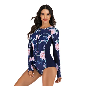 

Women Rash Guard Adult One-Piece Long Sleeve Floral Patchwork Zipper Quick Drying Waterproof Swimsuit Hot Spring Diving Surfing