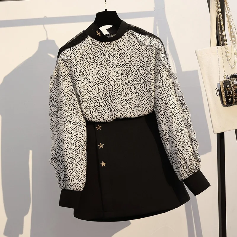 

2019 Spring And Summer New Style Mesh Joint Chiffon Stand Collar Frilled Tops And Irregular Skirt Fashion Two-Piece Set