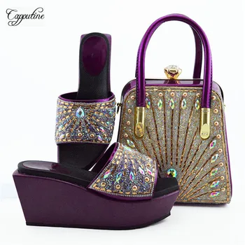 

Elegant purple wedding/party set matching African wedge heel shoes with bag set with rhinestones MD009, heel height 9cm