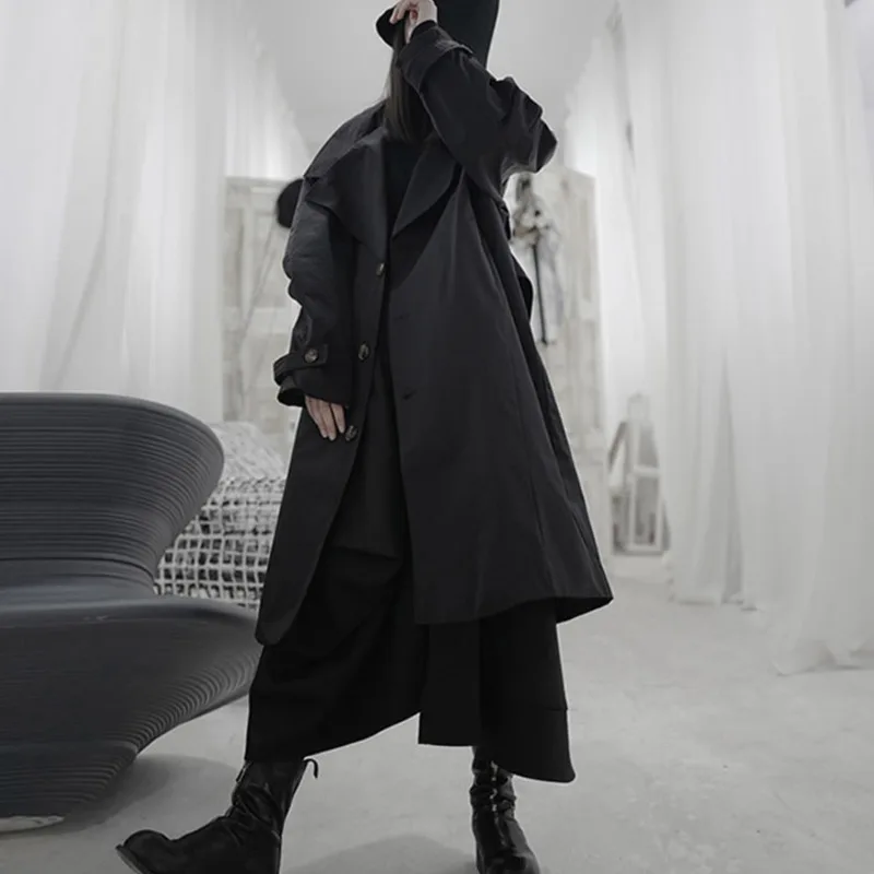 

Korea Vintage Black Loose Trench Women Fashion New 2020 Spring Full Sleeve Bandage Single Breast Straight Minority Coat XJ3546