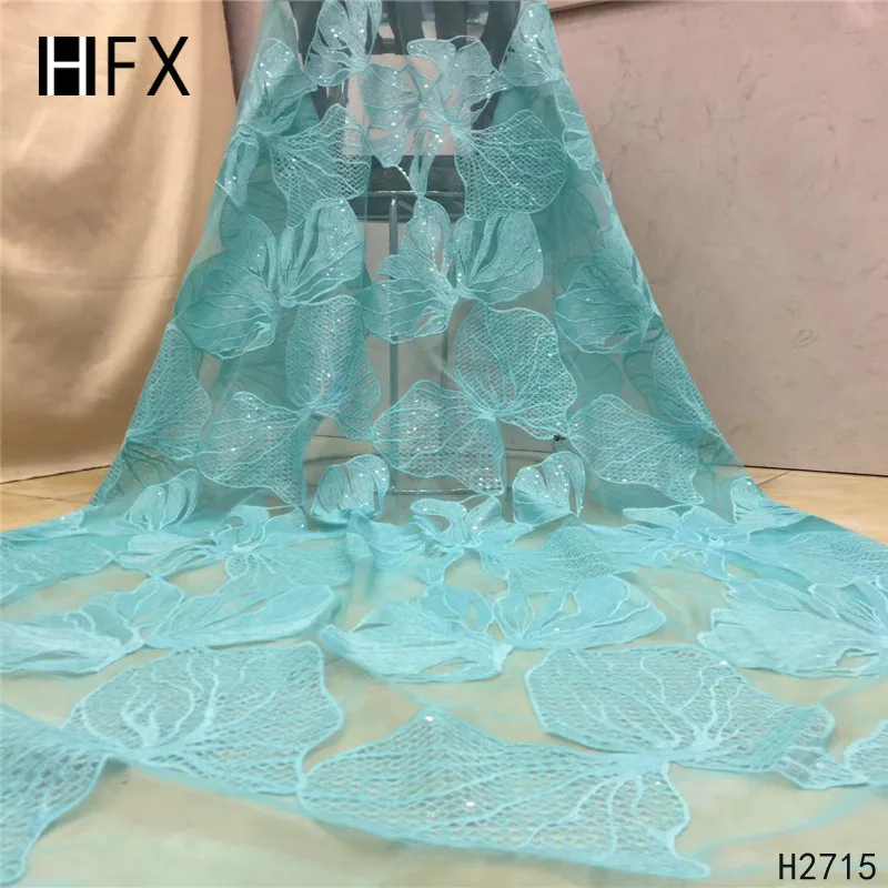 HFX Новое поступление африканская кружевная ткань в нигерийском стиле Высококачественная мятно-зеленая французская Тюлевая кружевная ткань с блестками для платья H2715