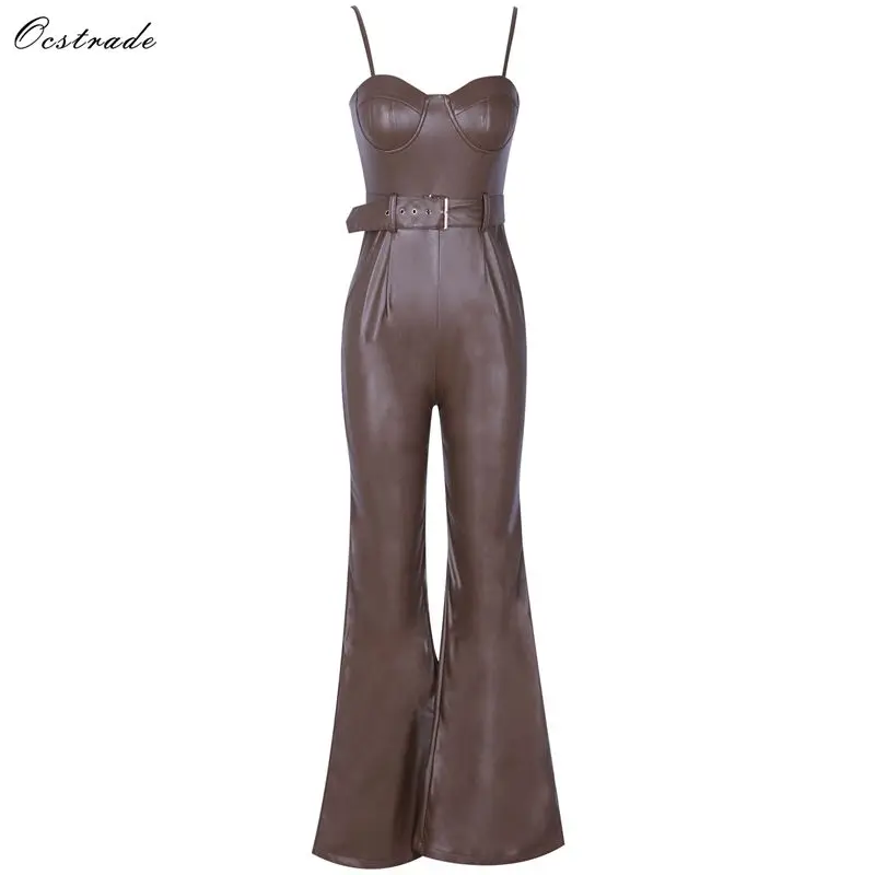 

(Includes buckle belt) Womens Fall 2019 Party Jumpsuit Sexy Khaki Vegan Leather Sleeveless Wide Leg Jumpsuit with Belt