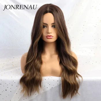 JONRENAU 24 Inches  Long Synthetic Natural Wave Brown Ombre Hair Wigs Heat Resistant Hair Wigs for Black Women 4