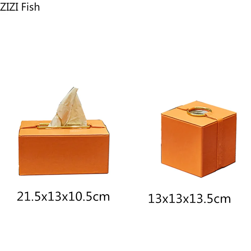Leather Tissue Box Metal Geometric Frame Home Desktop Drawer Orange Green Square Table Storage Organization Home Decoration 5