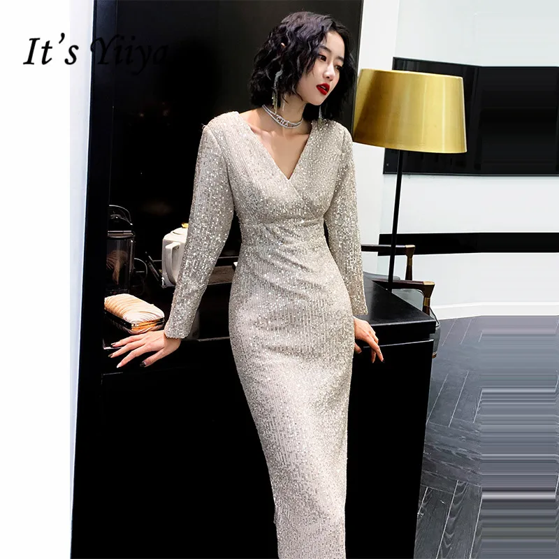 

It's Yiiya Evening Dresses Gold V Neck Shining Sequined Evening Gowns Full Sleeve Tea-Length Split Formal Dress For Women K074