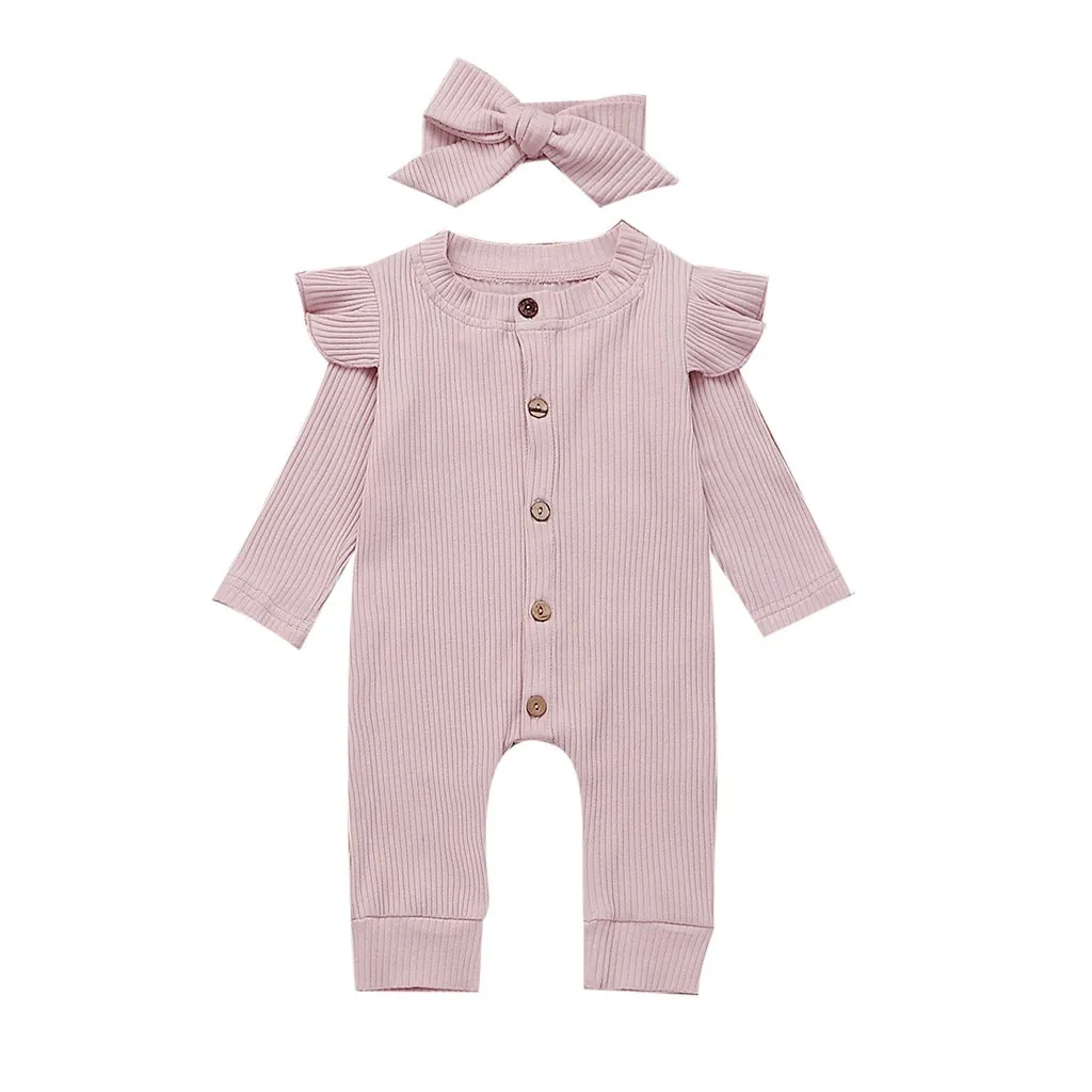 Одежда для малышей; однобортный комбинезон с круглым вырезом; одежда для маленьких девочек; Однотонный комбинезон с длинными рукавами; повязка на голову; одежда для малышей; Kiz Bebek Giyim - Цвет: Розовый